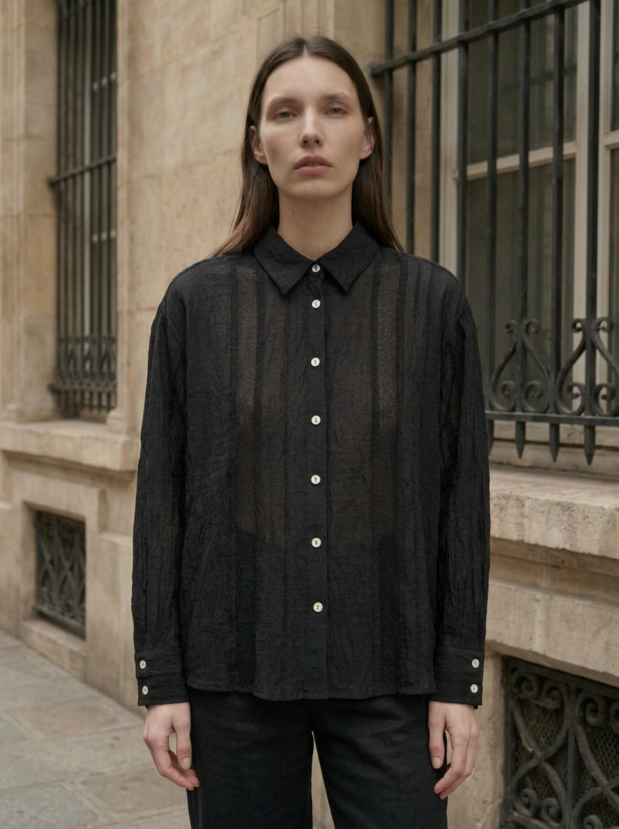 Siyah Oversized Polo Yaka Düğmeli Gömlek