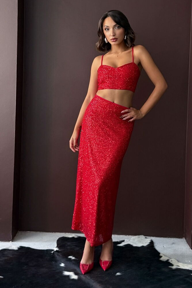 Kırmızı Payetli Yüksek Bel Bodycon Maksi Etek