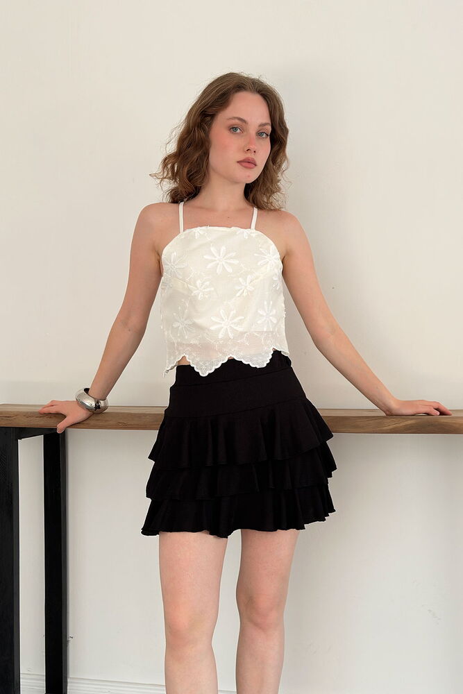Beyaz Polo Yaka Kolsuz Slim Fit Crop Bluz
