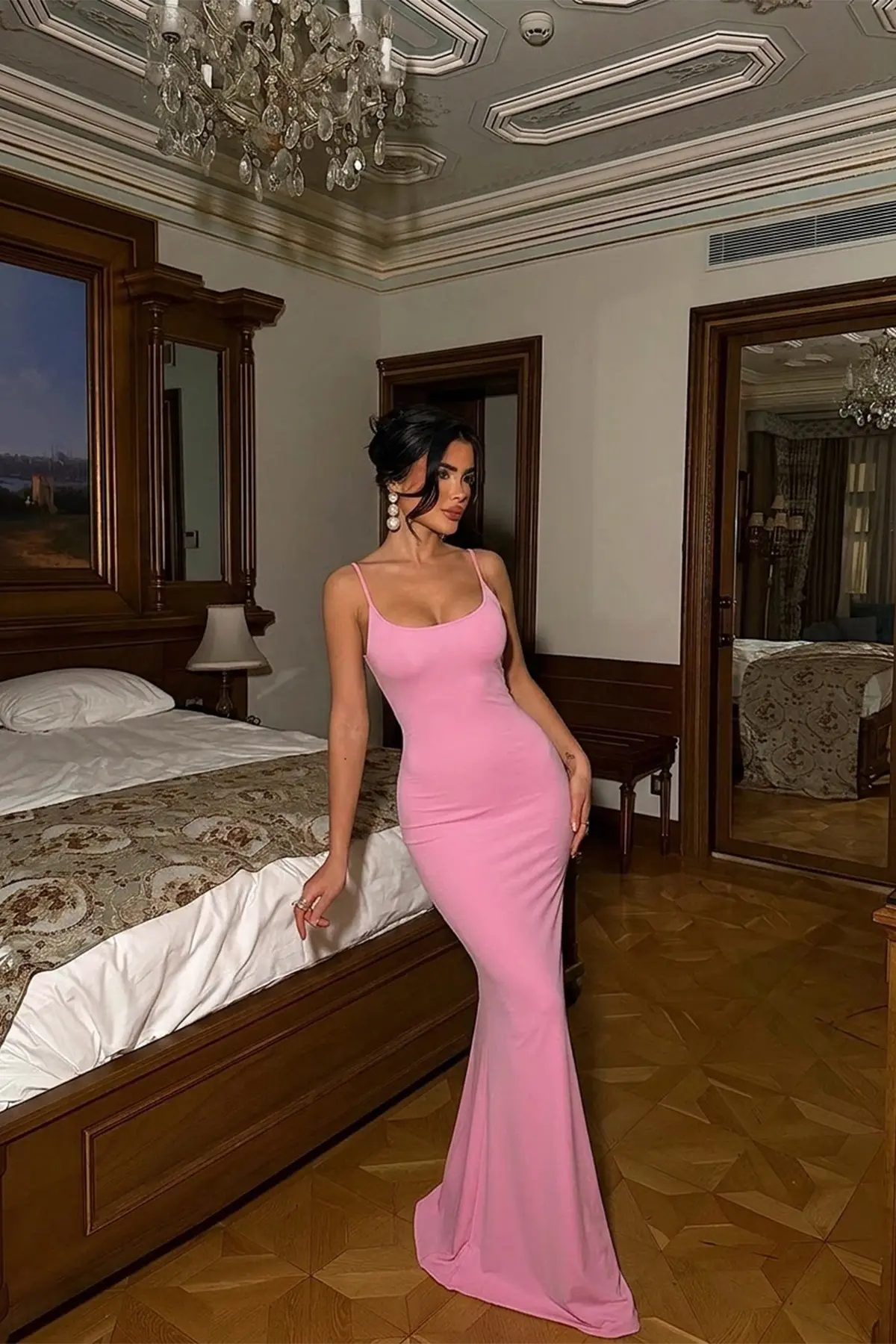 Şık Pembe Bodycon Elbise  Japone Kol