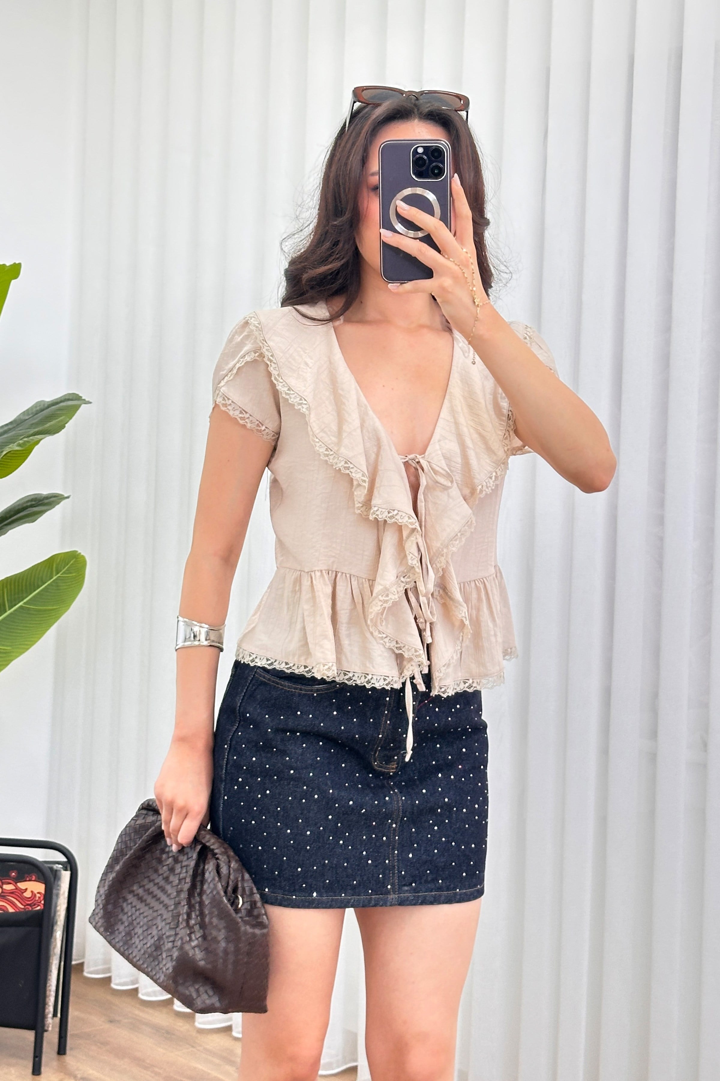 Bej Boho Tarz Regular Fit V Yaka Bluz