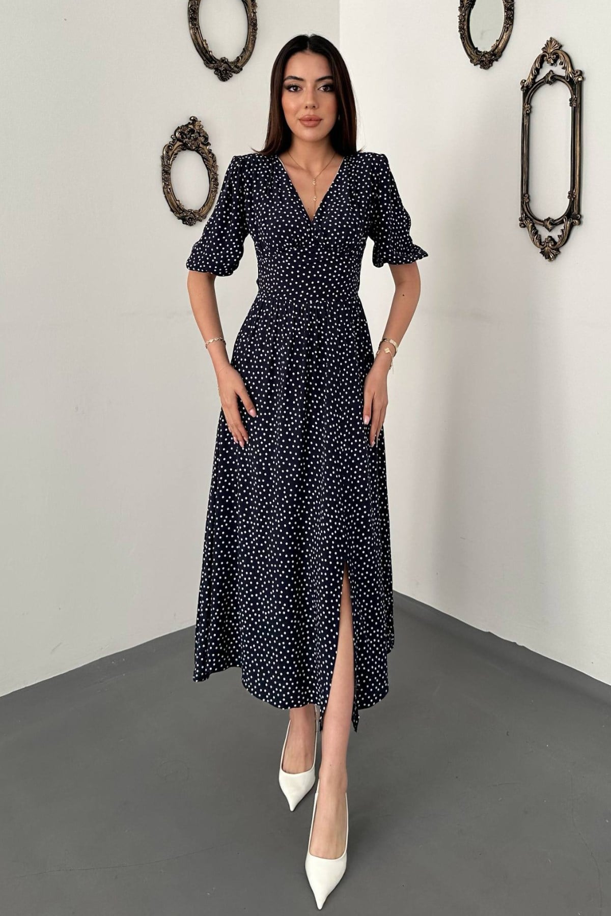 Lacivert Fit & Flare Puantiye Desenli Elbise