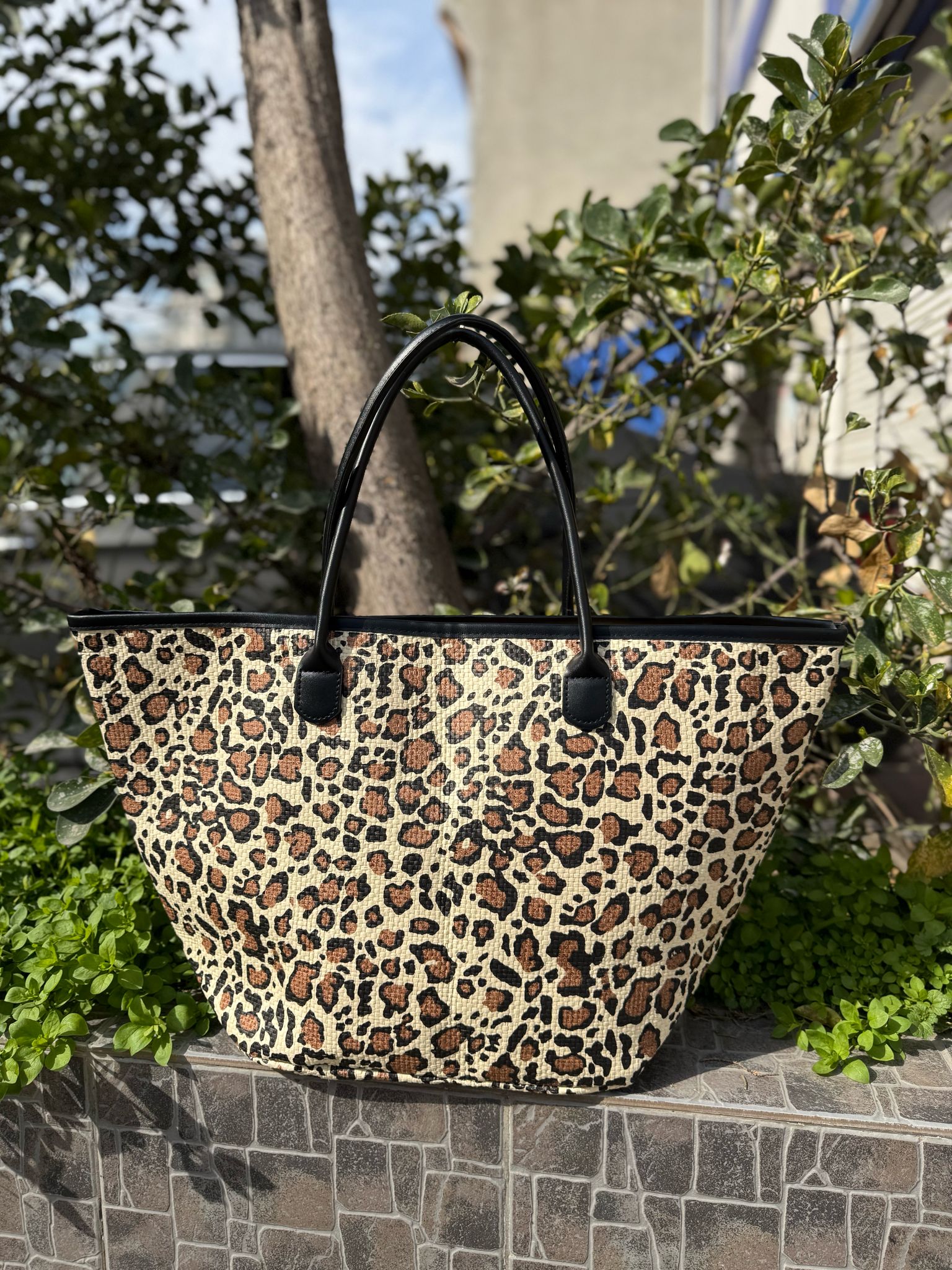 Leopar Desenli  Hasır Çanta - Siyah