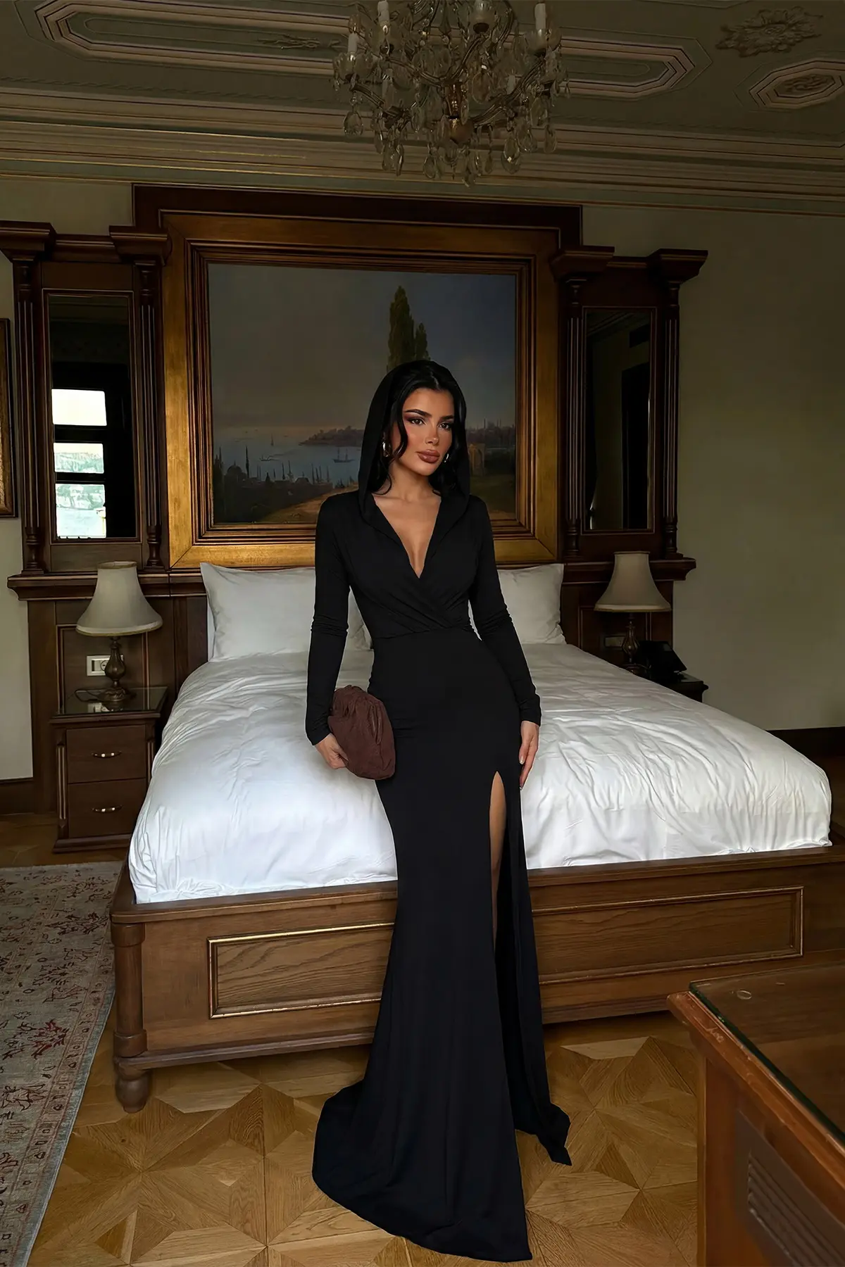 Seksi Siyah Fit & Düz Elbise Derin Dekolte İle