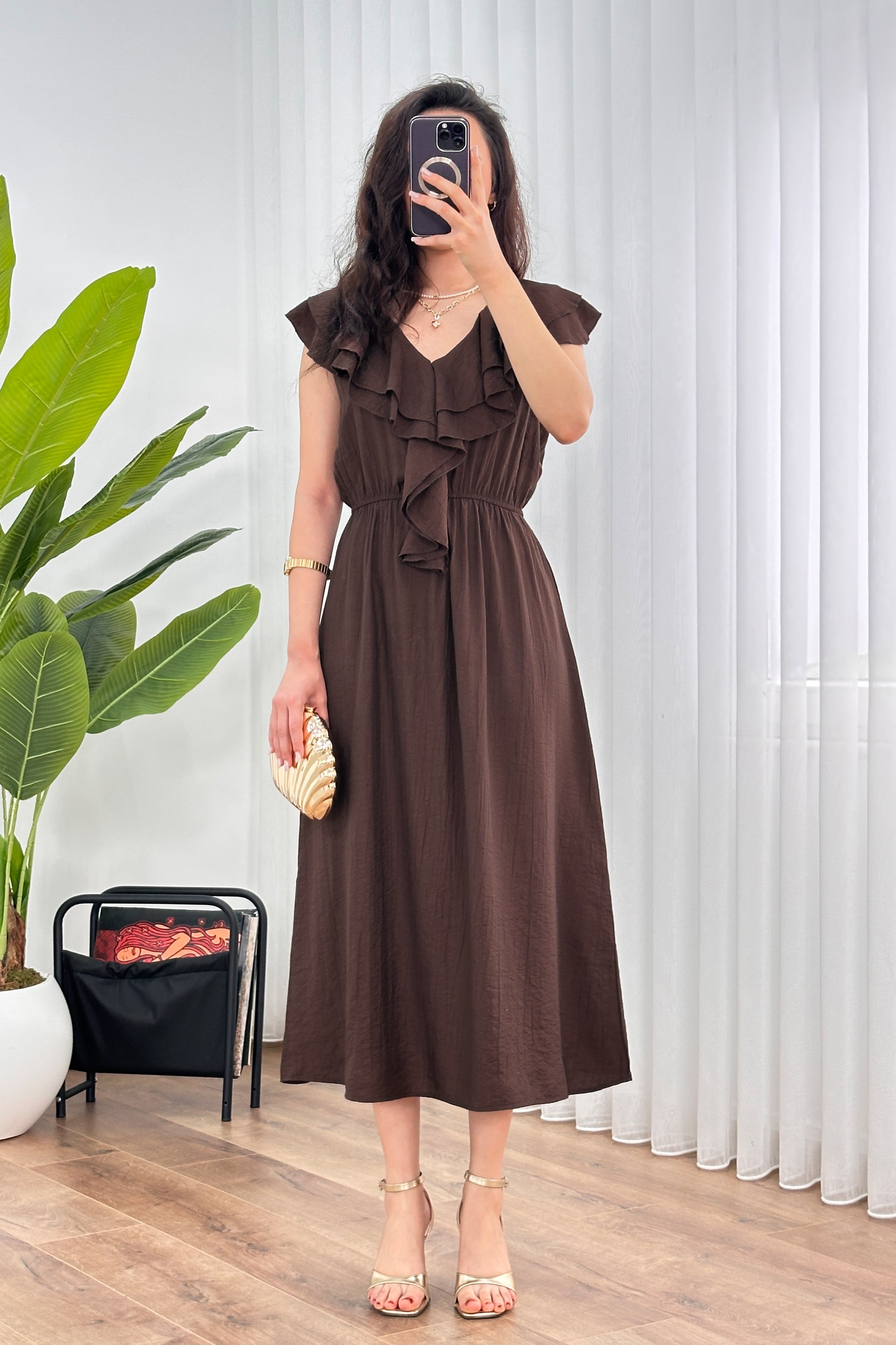 Kahverengi Fit & Flare Elbise Fırfırlı Kol Detaylı