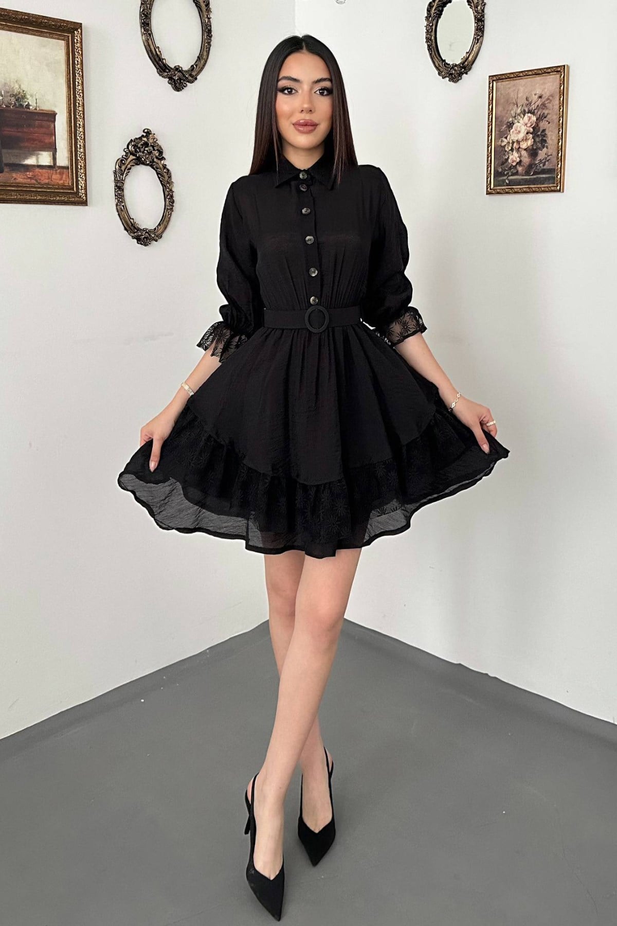 Siyah Fit & Flare Mini Elbise Şal Yaka Detaylı