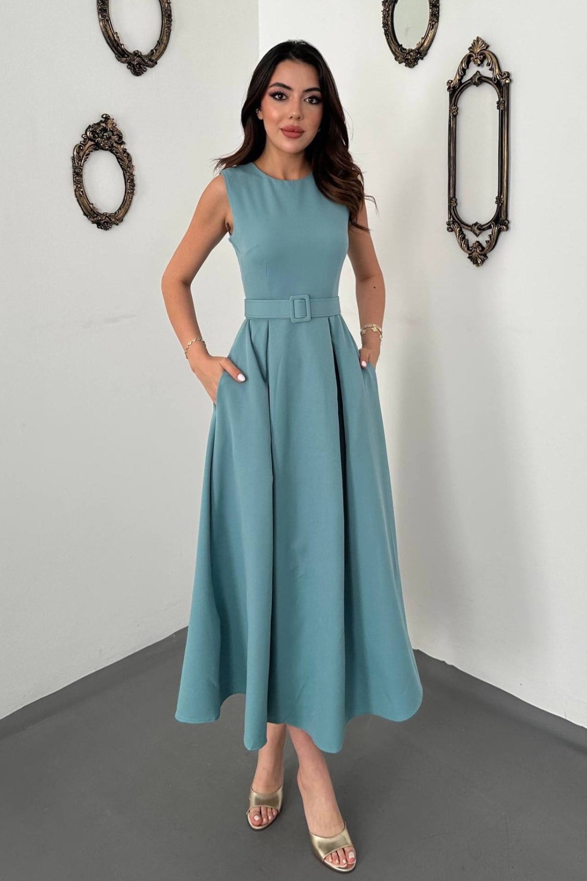 Zarif Mavi Fit & Flare Elbise