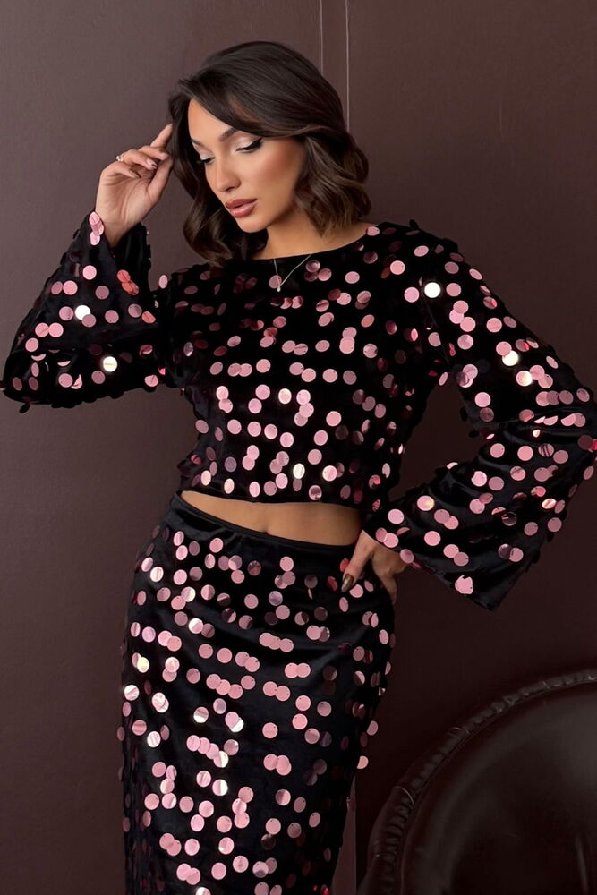 Siyah Işıltılı Puantiye Desenli Crop Bluz