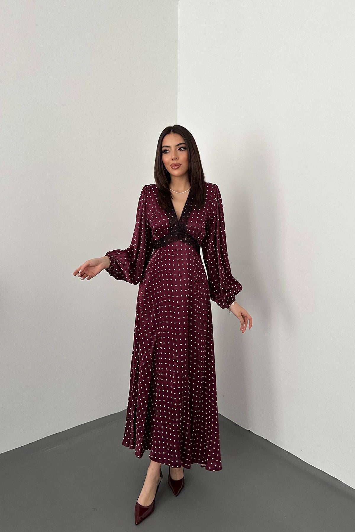 Bordo Fit & Flare Puantiye Elbise