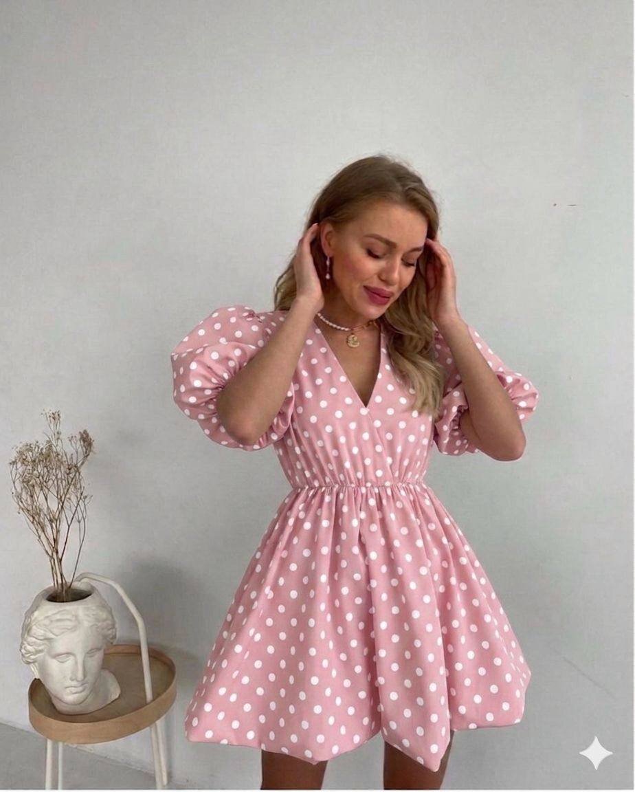 Pembe Puantiyeli Karpuz Kollu Mini A Kesim Elbise