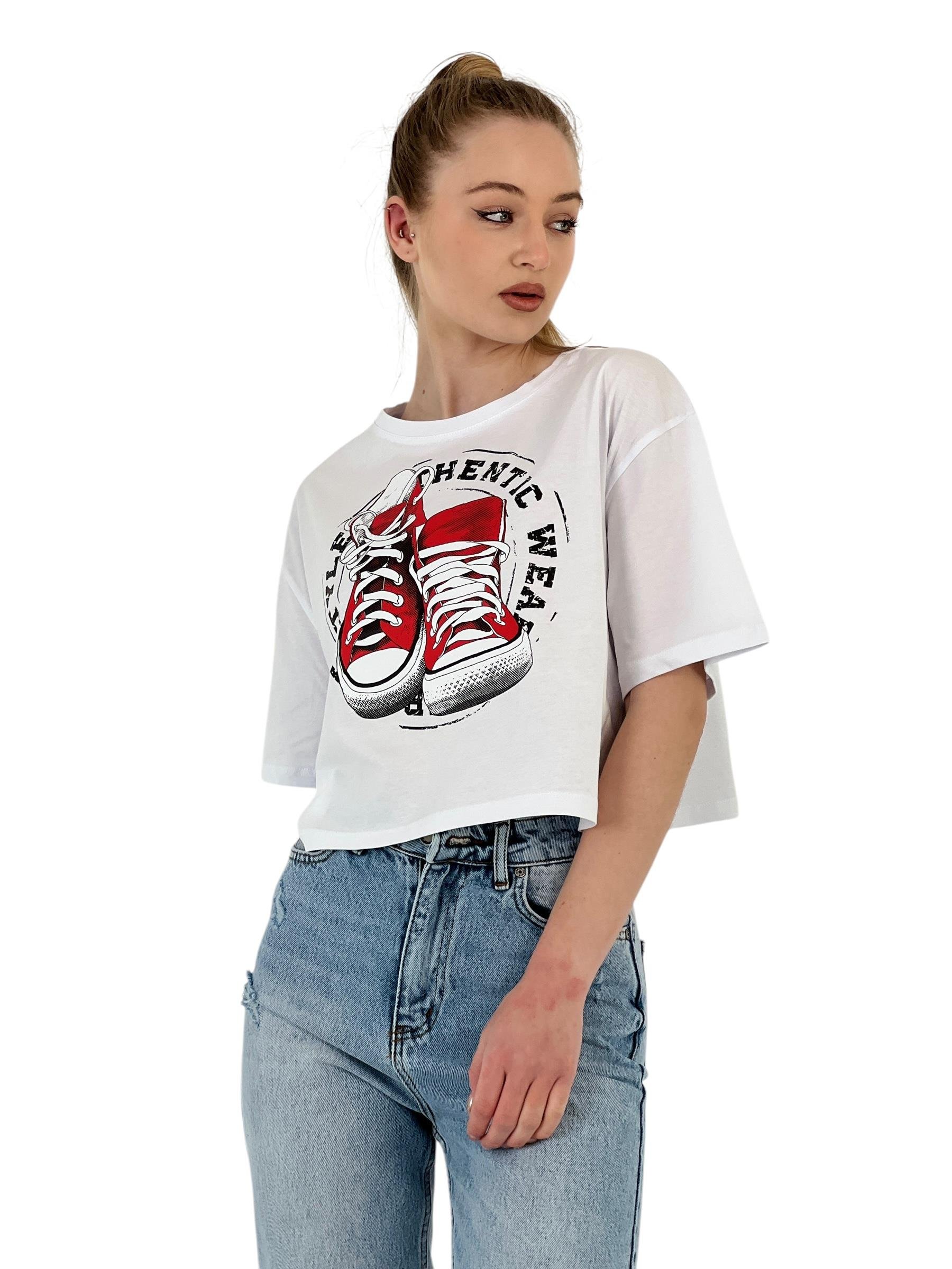 Oversize Baskılı Kısa Kol Beyaz Crop Tişört