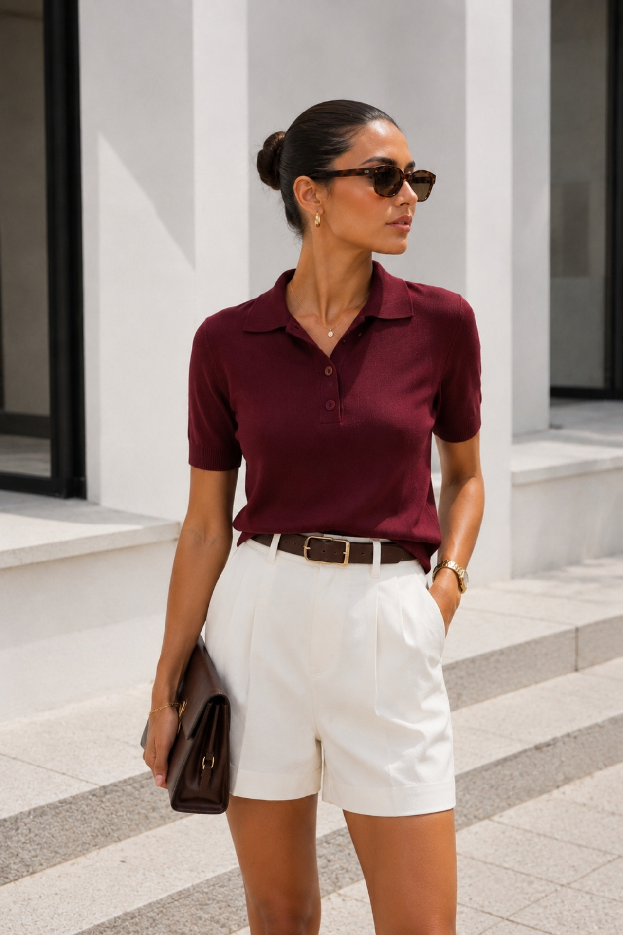 Bordo Dar Kalıp Polo Yaka Bluz