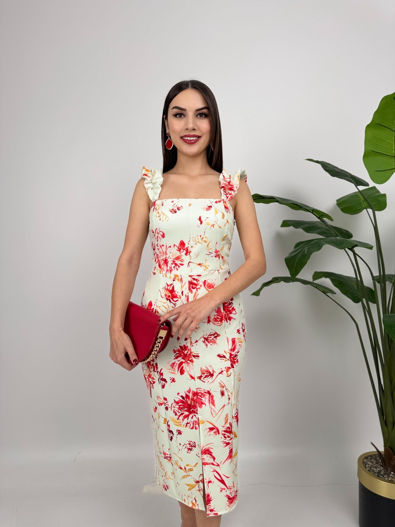 Beyaz Çiçekli Fit & Düz Elbise Fırfırlı Kolları İle
