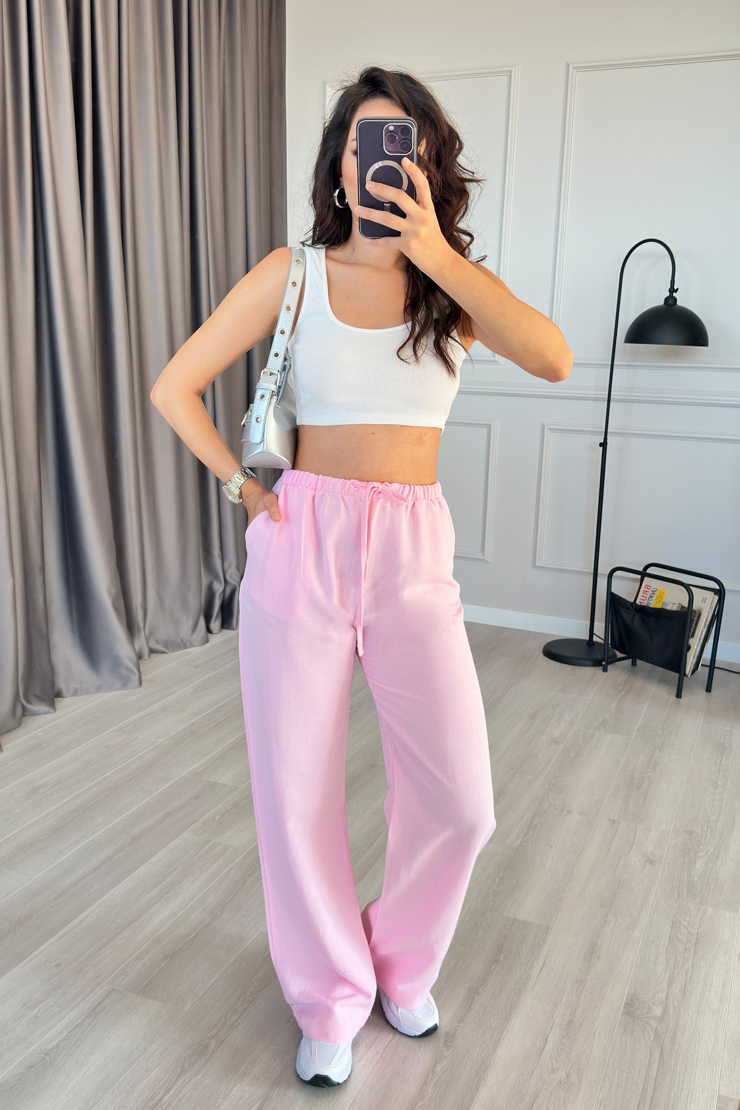 Pembe Pantolon Jogger Geniş Paça Yüksek Bel İp Büzgülü