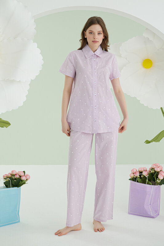 Lila Kalpli Önden Düğmeli Pijama Takım