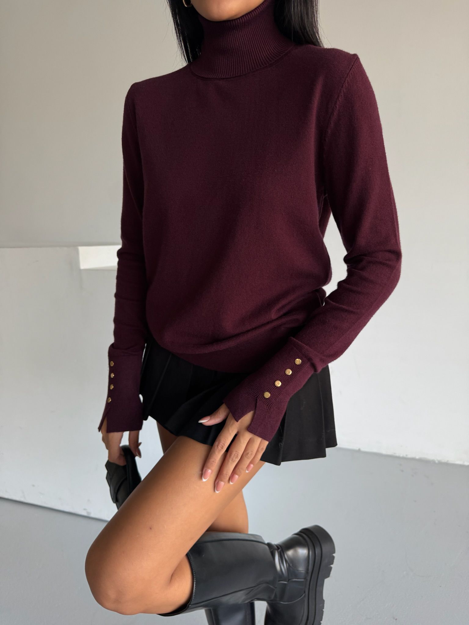 Bordo Bluz  Boğazlı Ve Uzun Kollu
