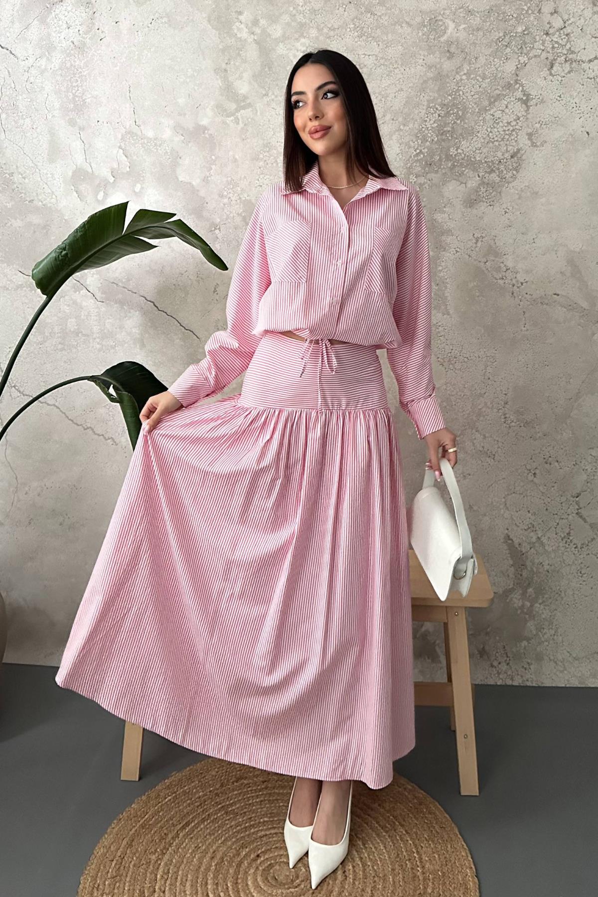 Pembe Maksi Etek Yüksek Bel İp Büzgülü