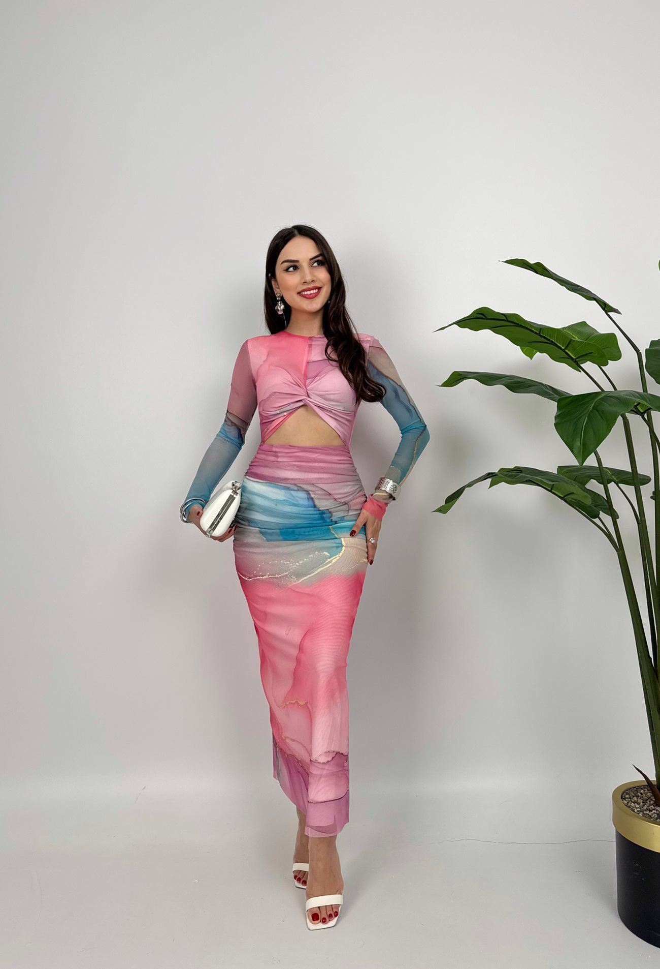 Pembe Seksi Zarif Işıltılı Bodycon Maksi Elbise