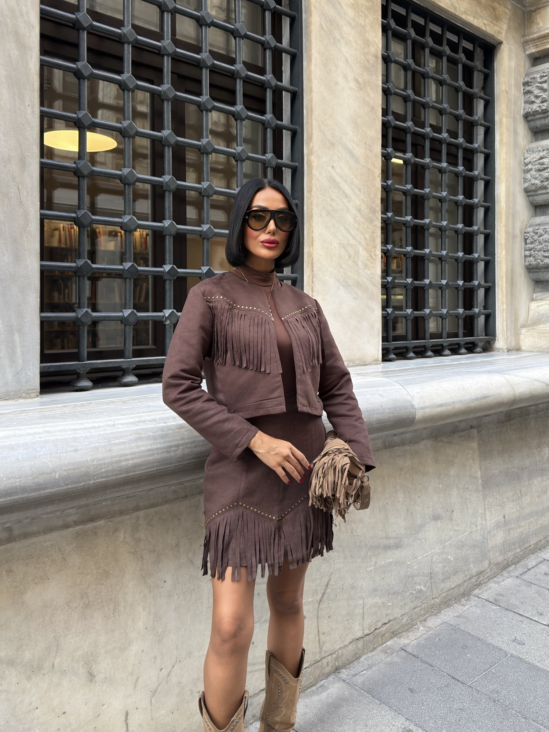 Kahverengi Bodycon Mini Orta Bel Lastikli