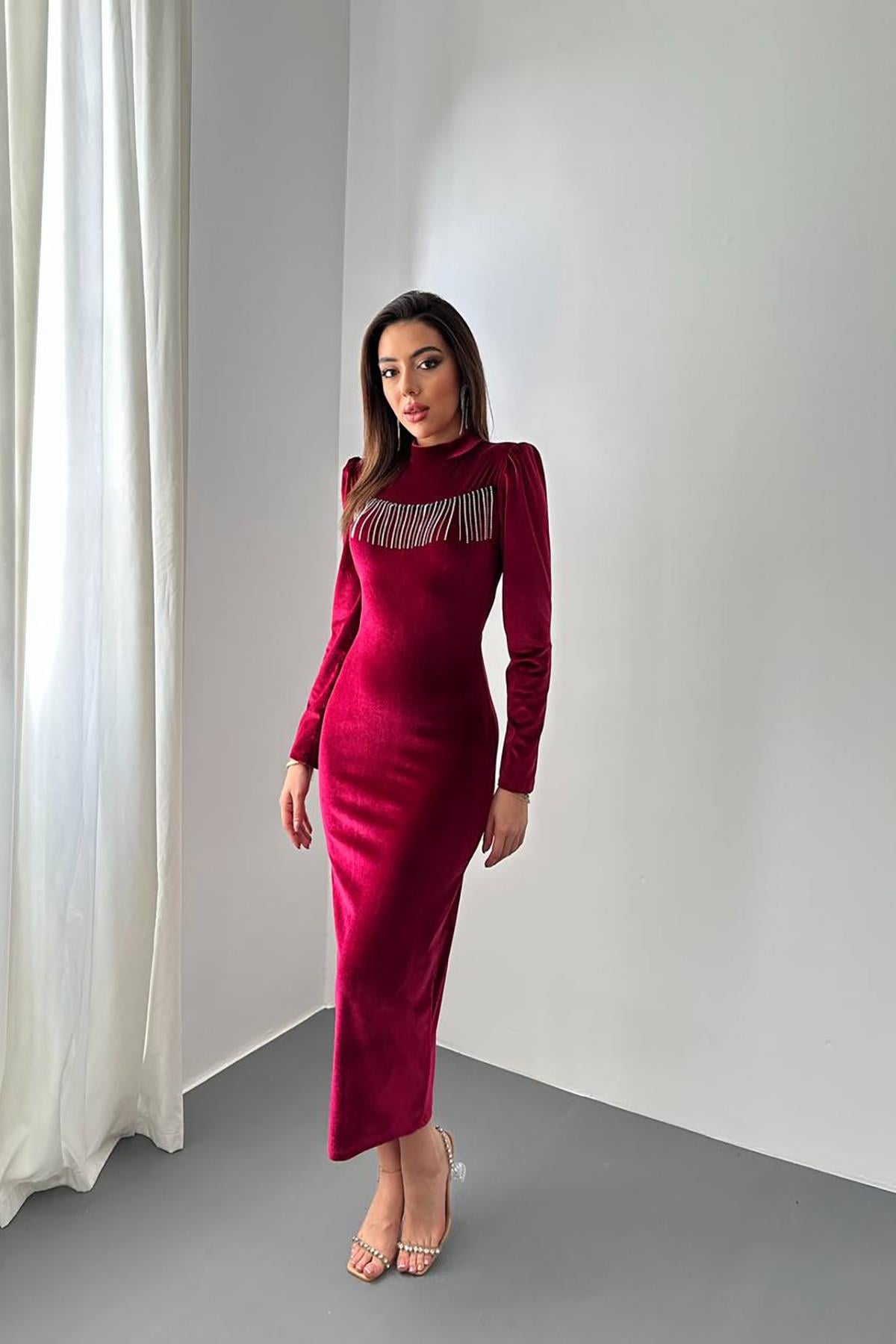 Zarif Fit & Düz Elbise Bordo Midi