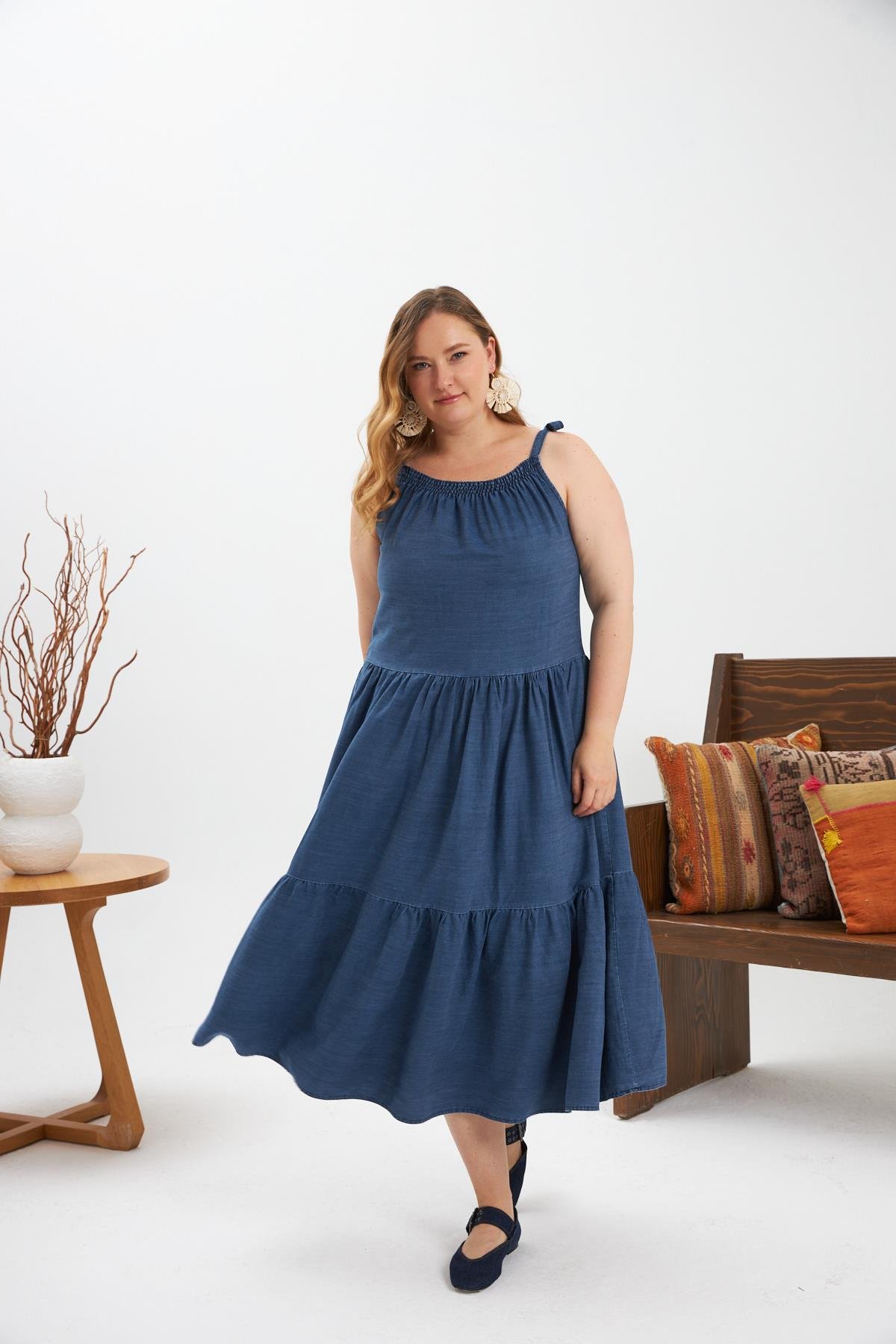 Mavi Gündelik Büyük Beden Boho Slip Elbise