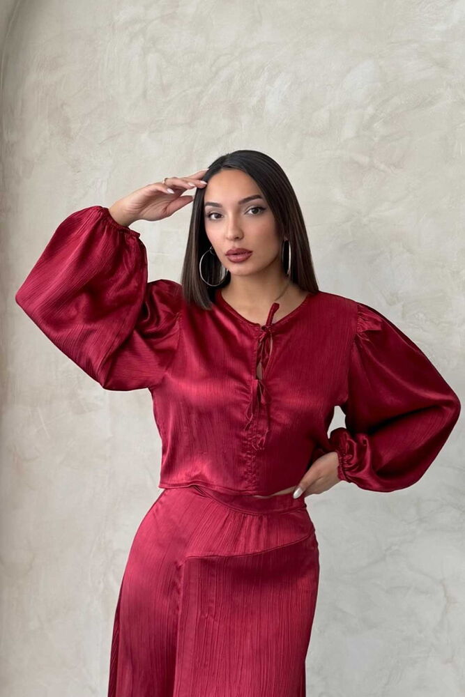 Kraşlı Saten Önden Bağlamalı Bluz - Bordo