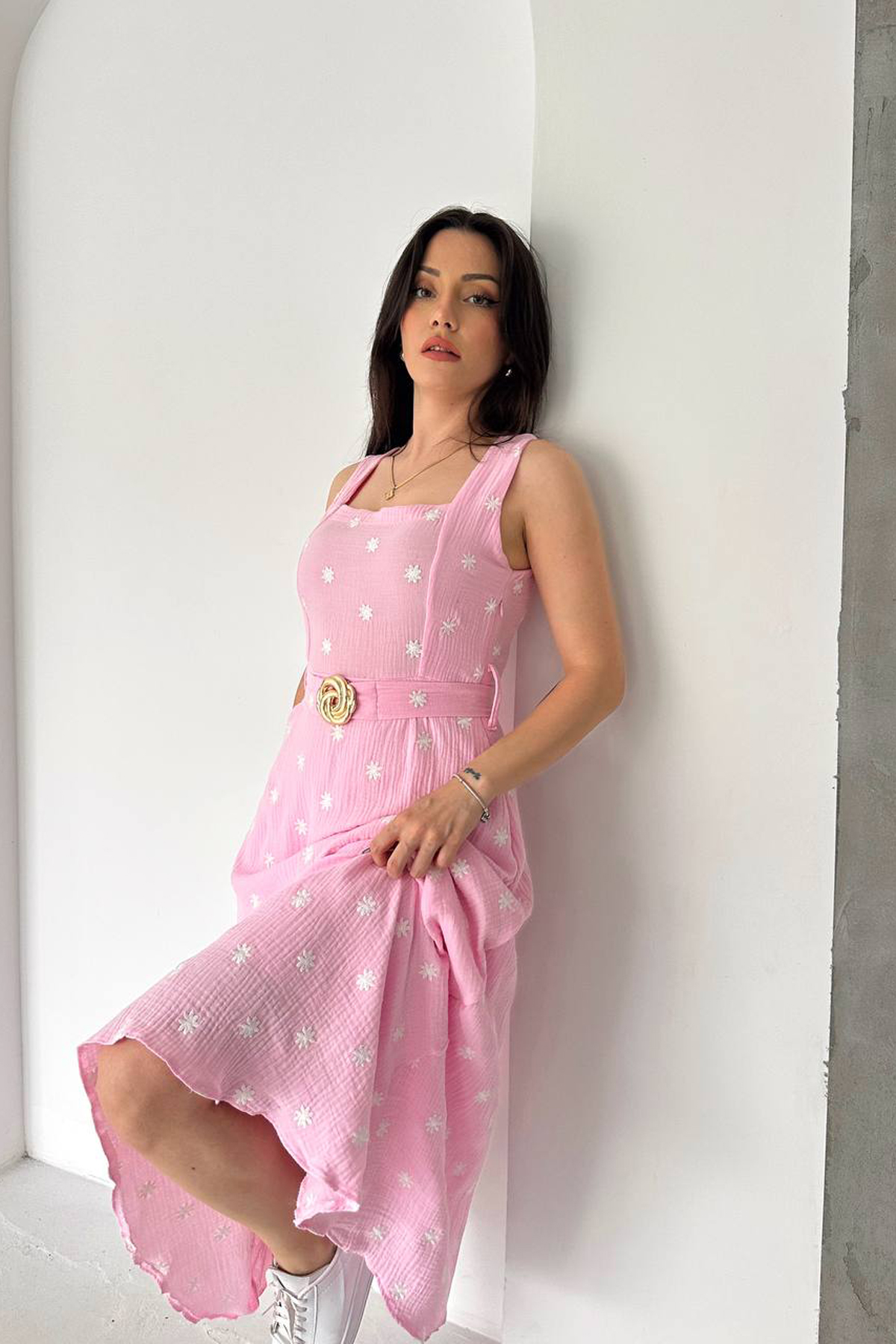 Pembe A Kesim Maxi Elbise Kare Yaka