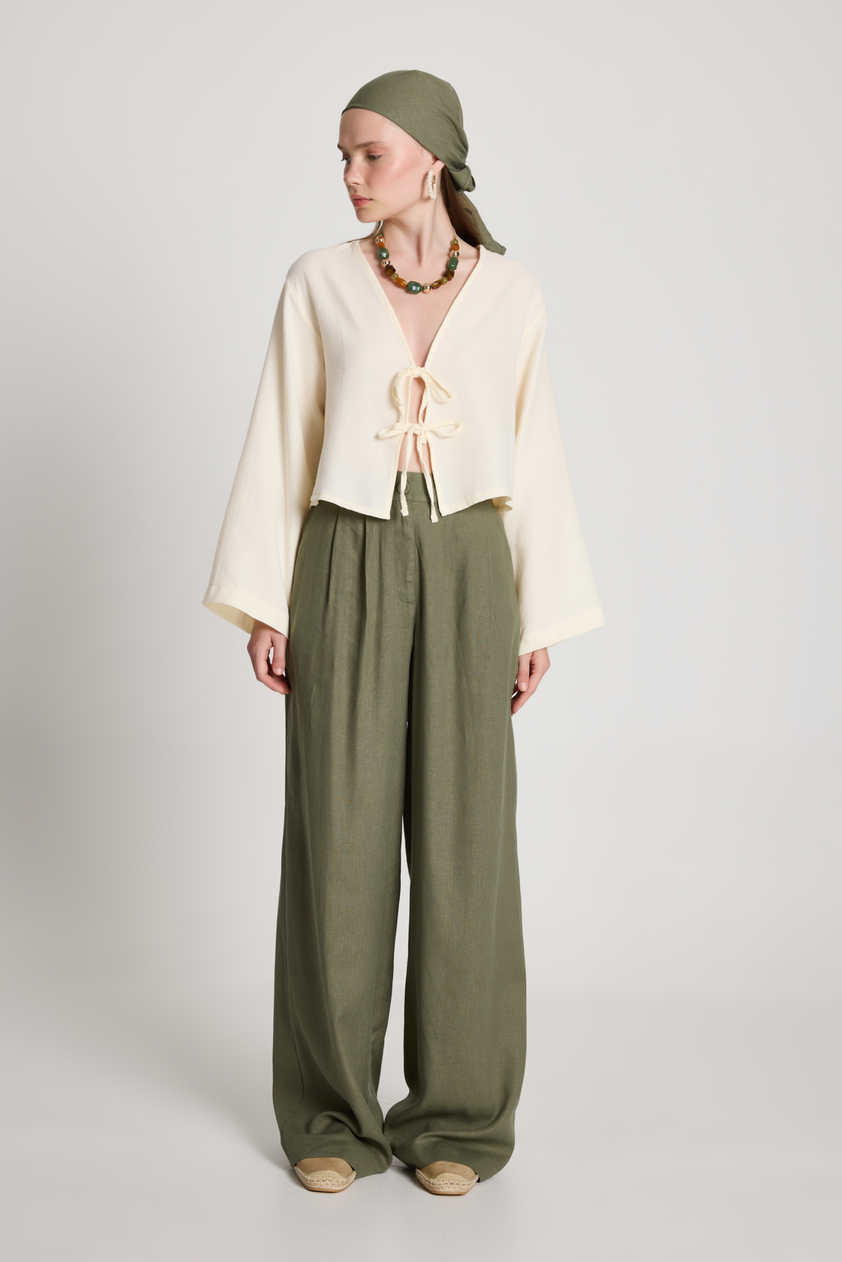 Yeşil Boho Geniş Paça Palazzo Uzun Pantolon