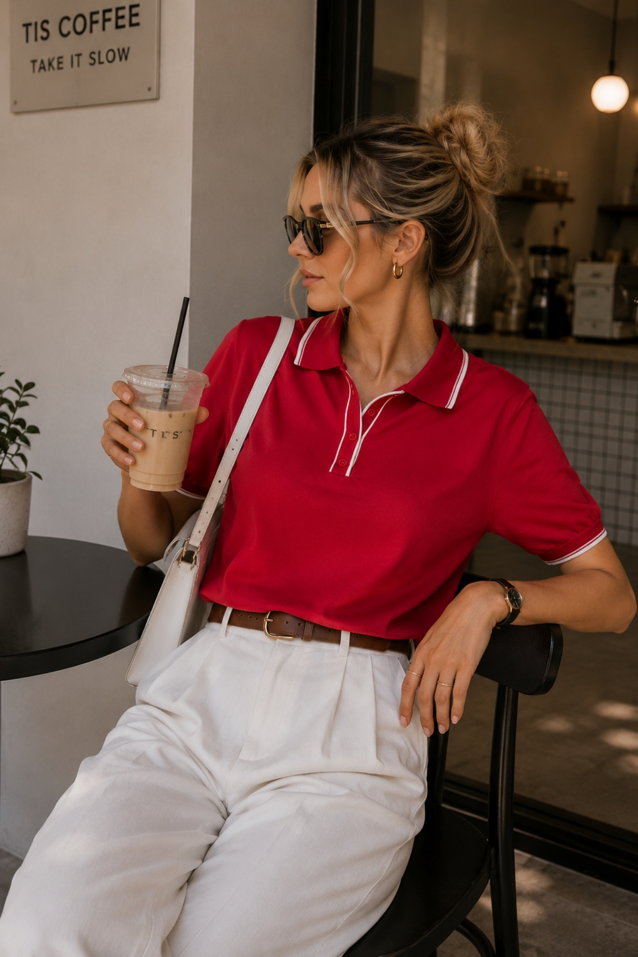 Kırmızı Gündelik Preppy Polo Yaka Bluz