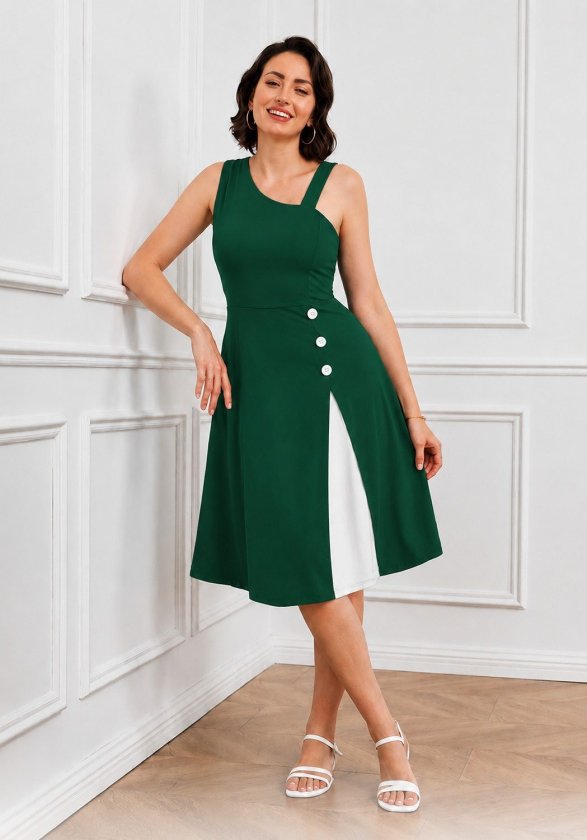 Yeşil Fit & Flare Elbise - Kolsuz  Zarif  Diz Hizasında