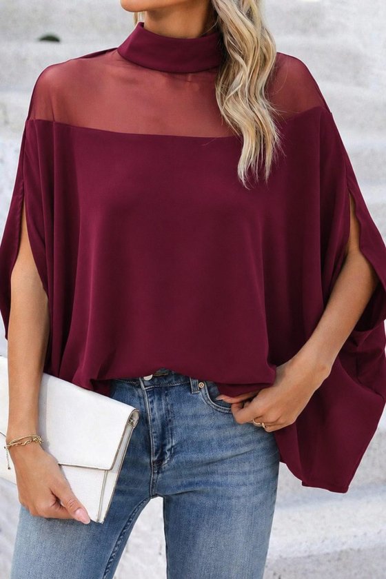 Bordo Bluz Bol Kalıp Ve Boğazlı Yaka