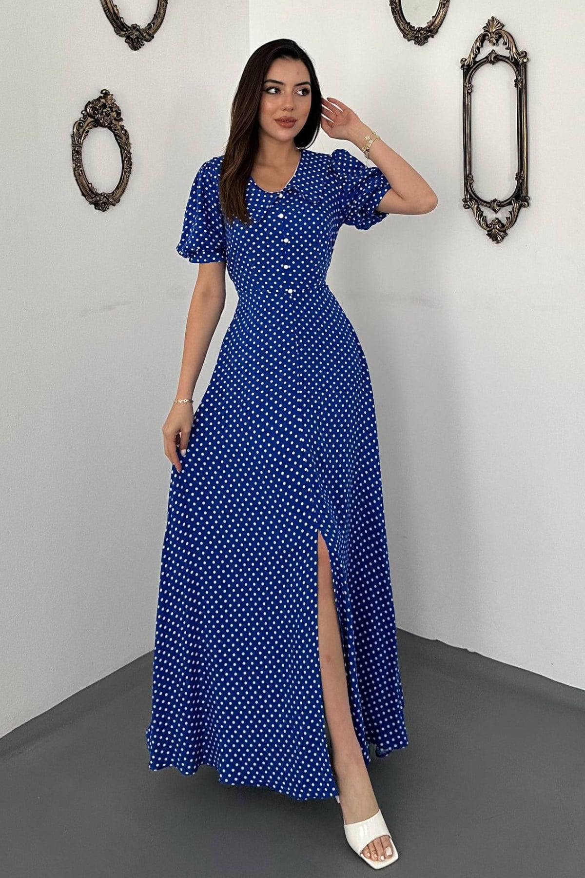 Mavi Retro Puantiye Fit & Flare Elbise