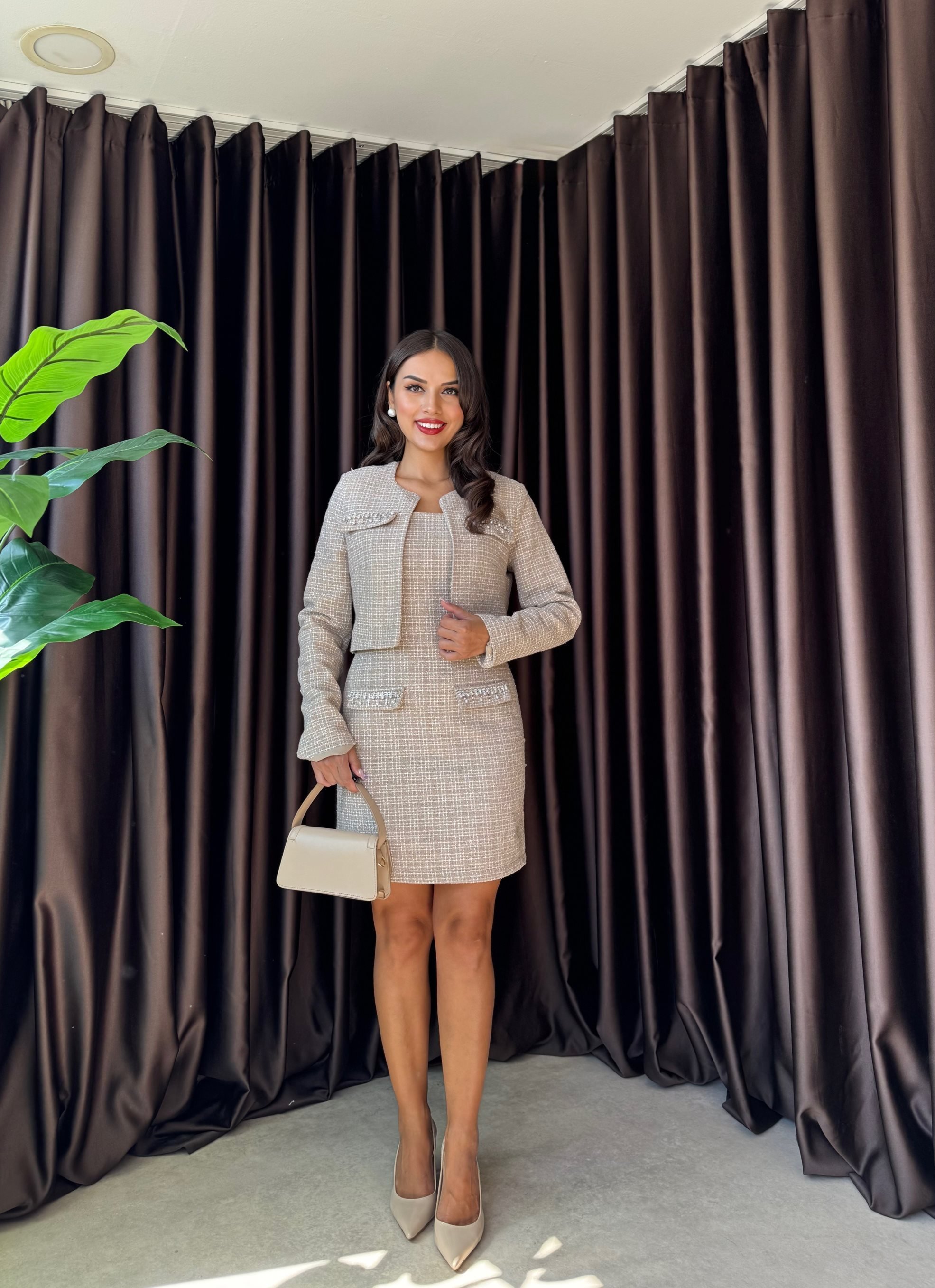Bej Kareli Bodycon Mini Etek Kapaklı Cepli