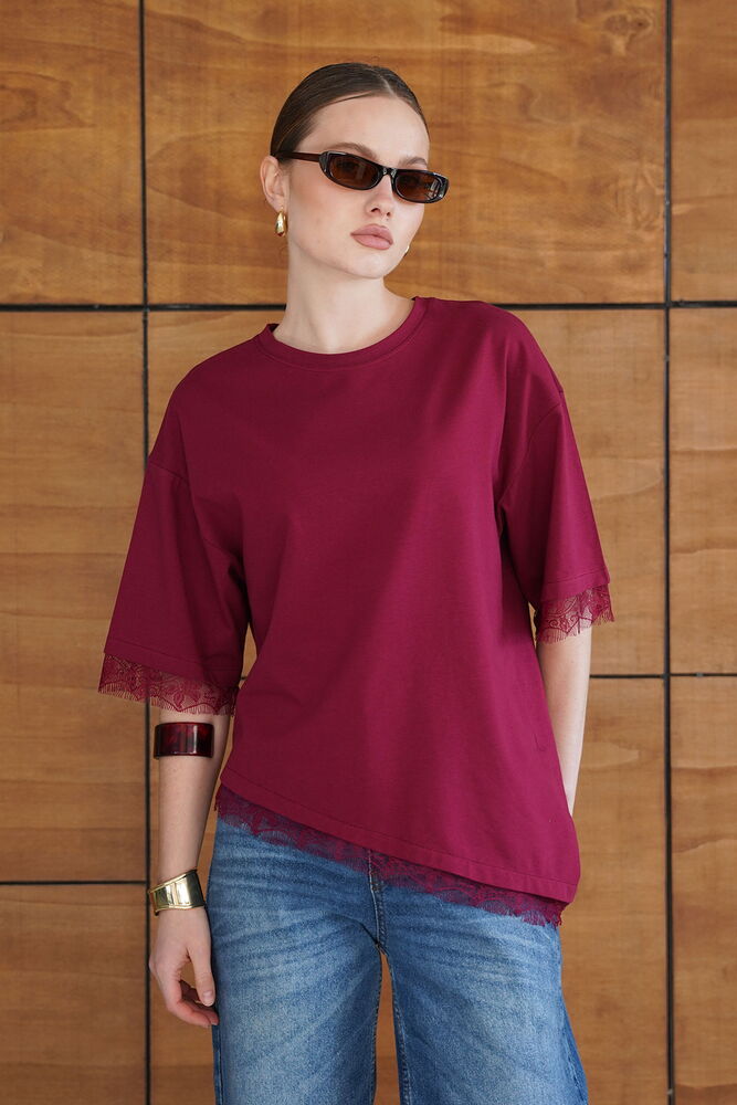 Bordo Bluz Yarım Kol Ve Yuvarlak Yakalı
