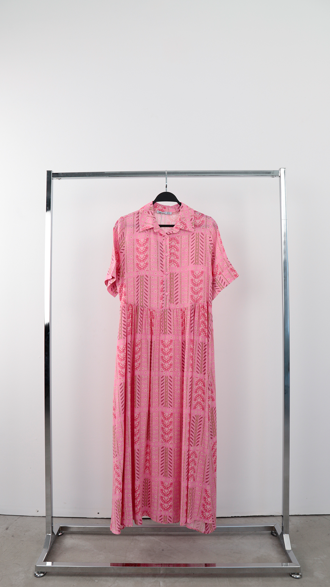 Pembe Gündelik Boho Geometrik Çiçekli Maxi Gömlek Elbise