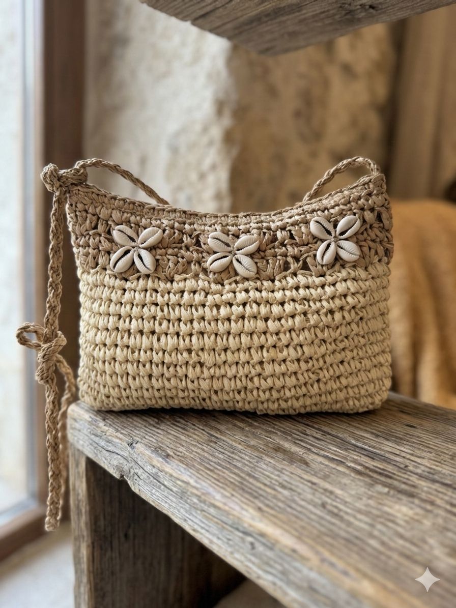 Denizkabuğu Detaylı El Örgüsü Hasır Çanta 28x21 Cm - Bej