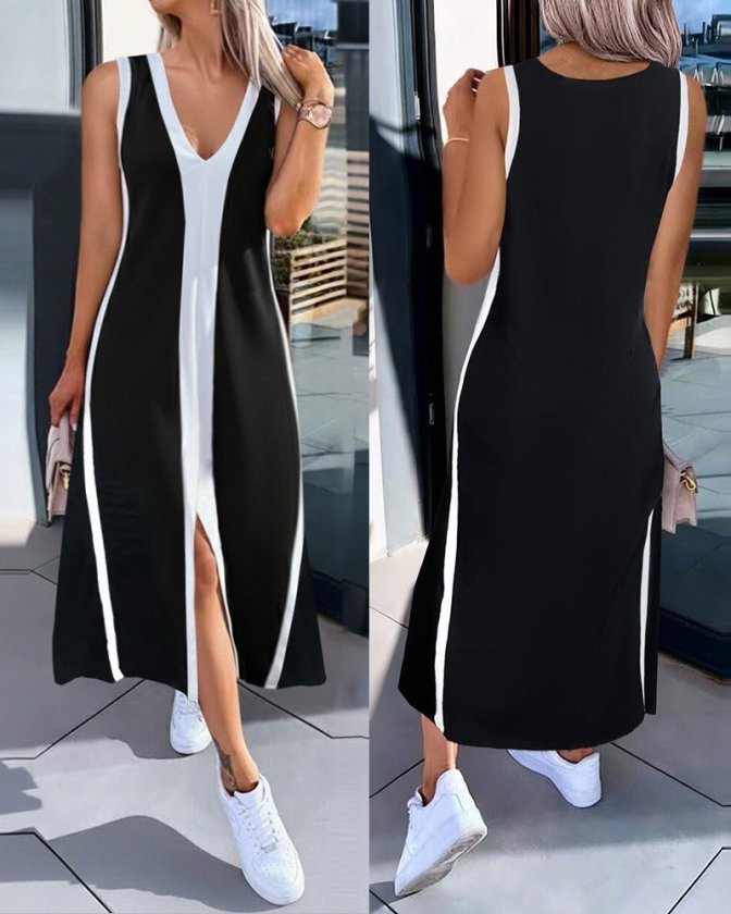 Siyah V Yakalı Kapak Kollu Midi Slip Elbise