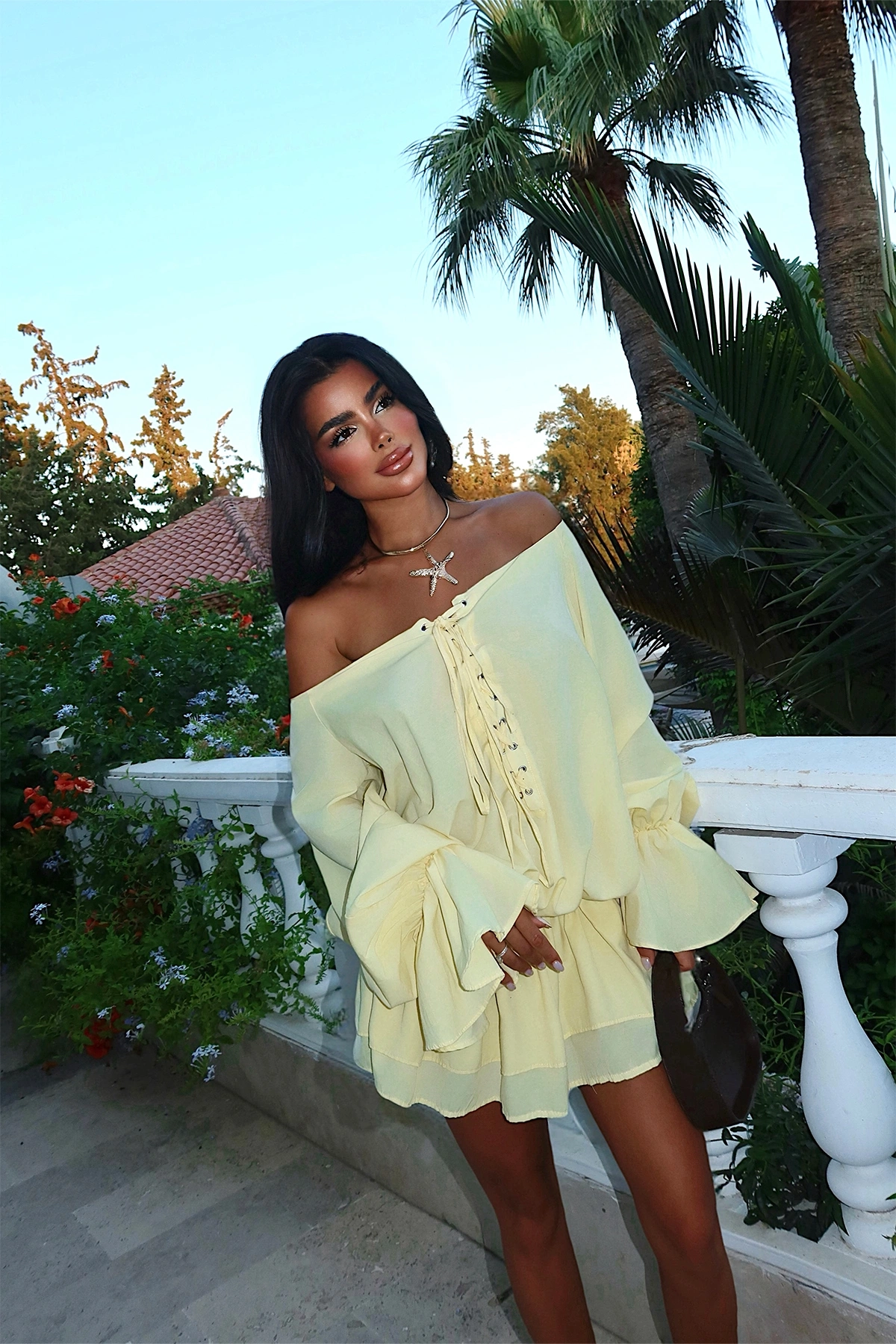 Sarı Uzun Kollu Babydoll Mini Elbise