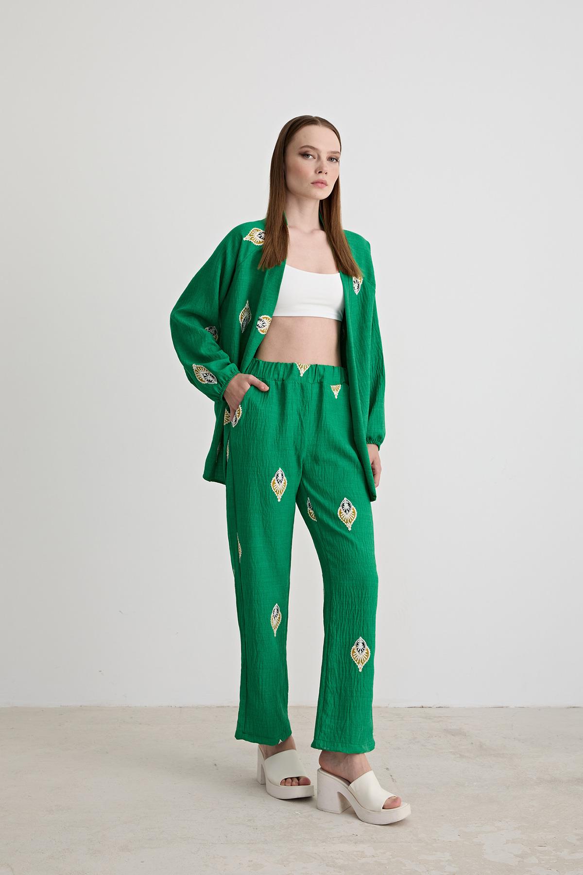 Şal Desenli Keten Pantolon Benetton Yeşili
