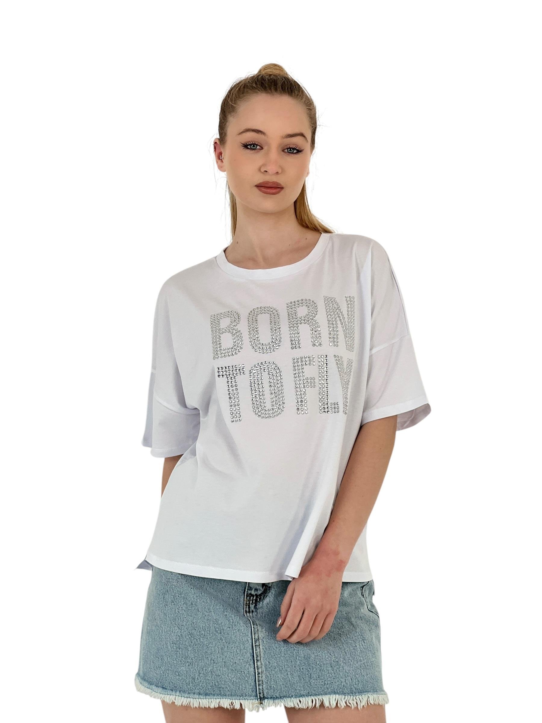 Taş İşlemeli "born To Fly" Oversize Tişört – Beyaz & Gri