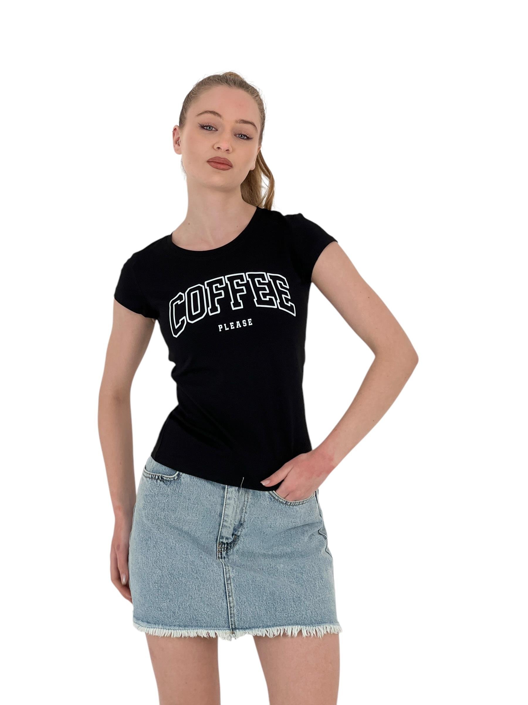 Yazlık Coffe Baskı Kısa Kol Dar Beyaz Tişört