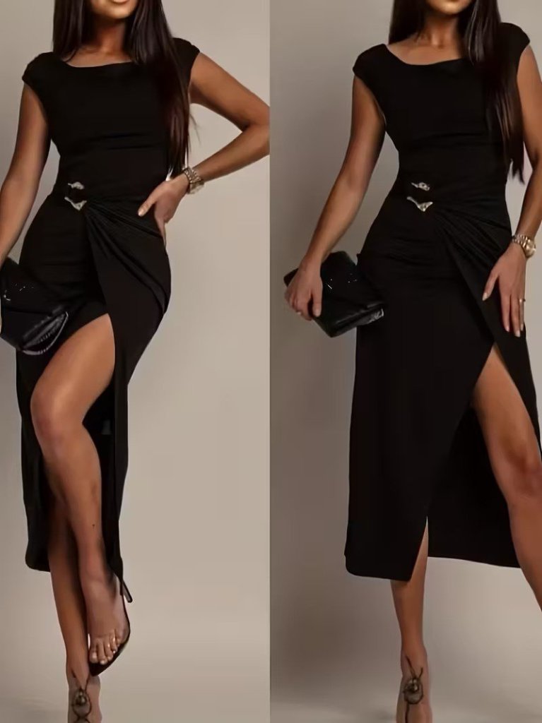 Siyah Bodycon Midi Elbise Japone Kollu