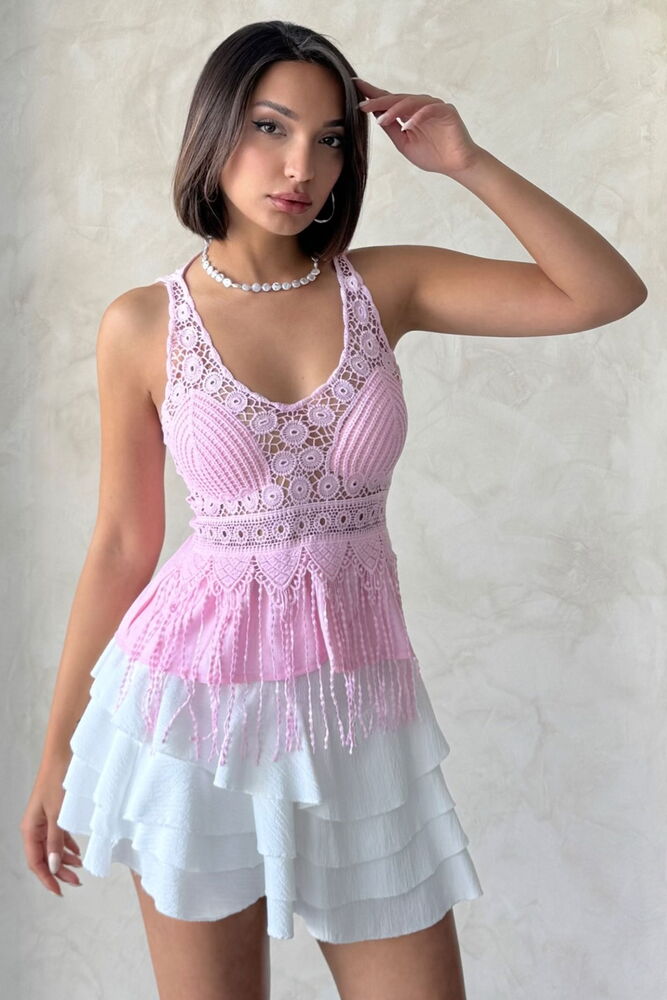 Güpür Detaylı Askılı Toptan Bluz   Pembe |