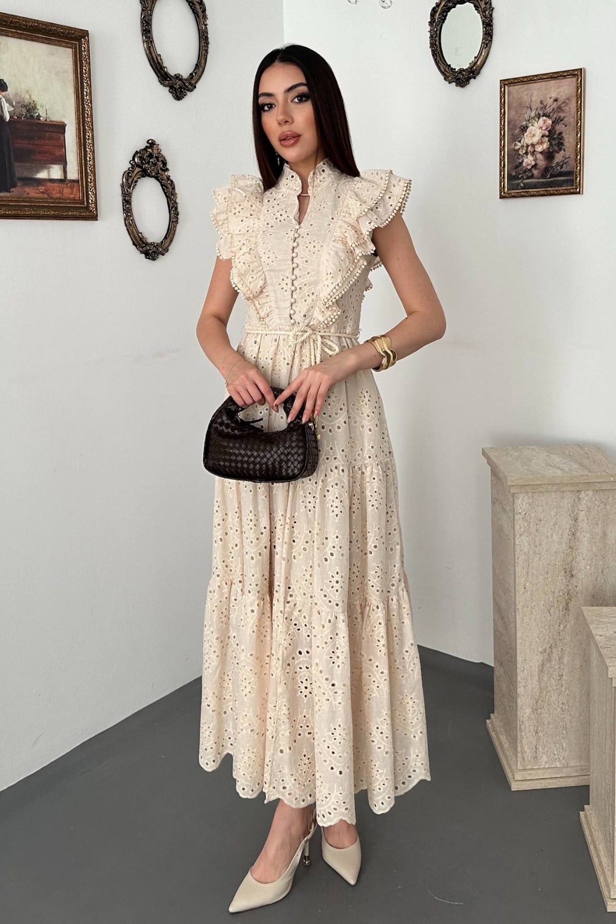 Zarif Bej Fit & Flare Elbise