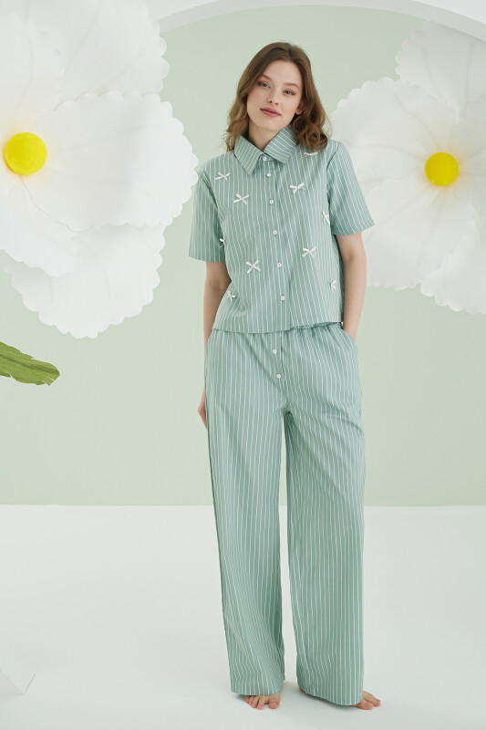 Yeşil Kurdele Önden Düğmeli Pijama Takım
