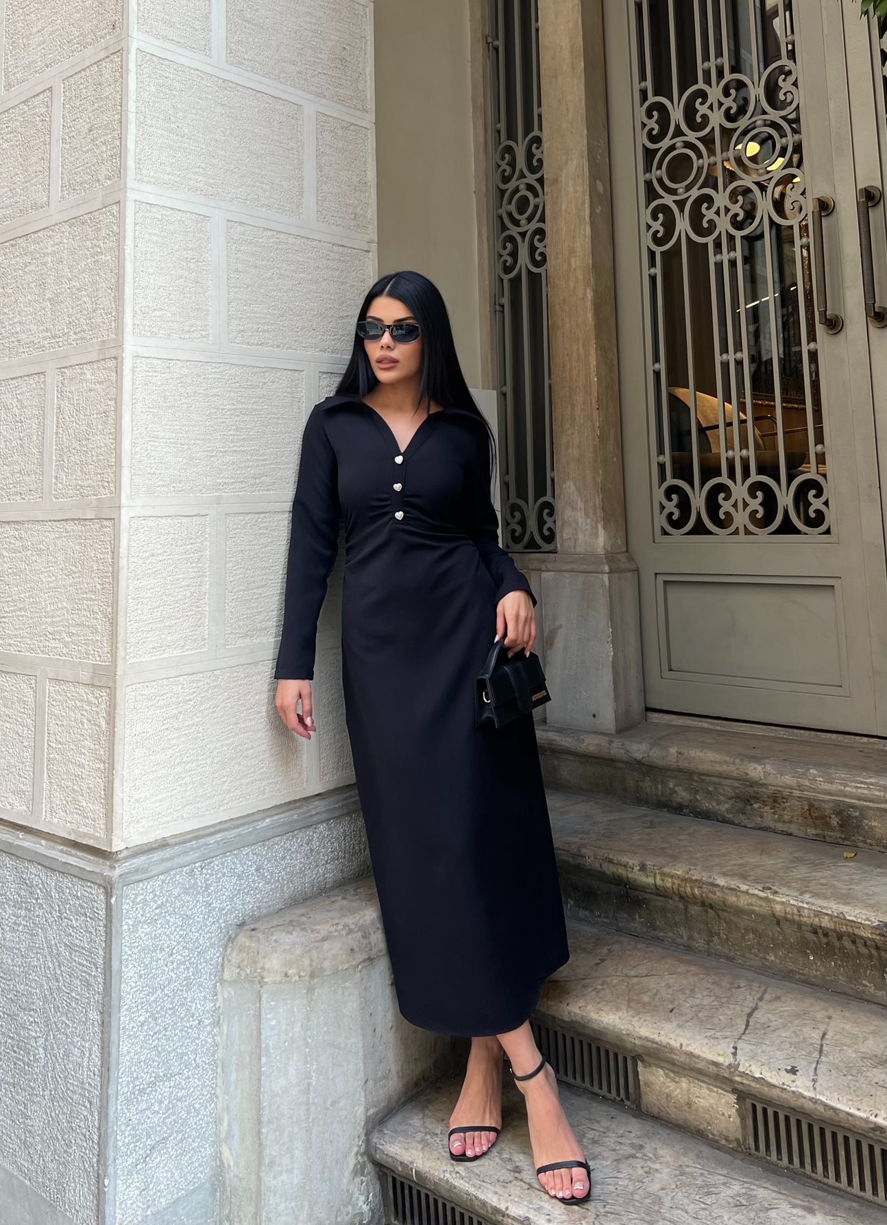 Zarif Siyah Fit & Düz Elbise Çentikli Yakalı