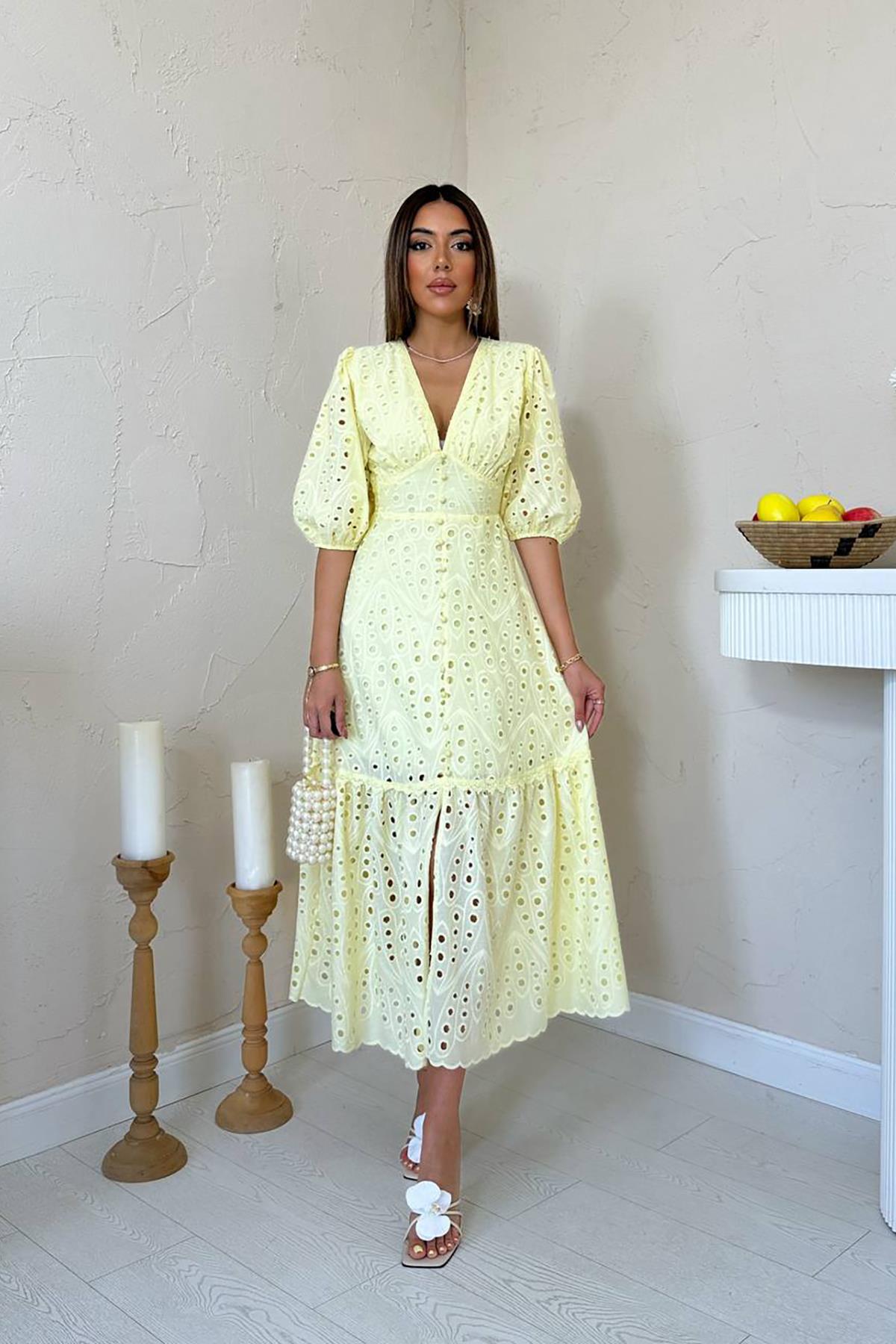 Sarı Fit & Flare Elbise Balon 3/4 Kollu