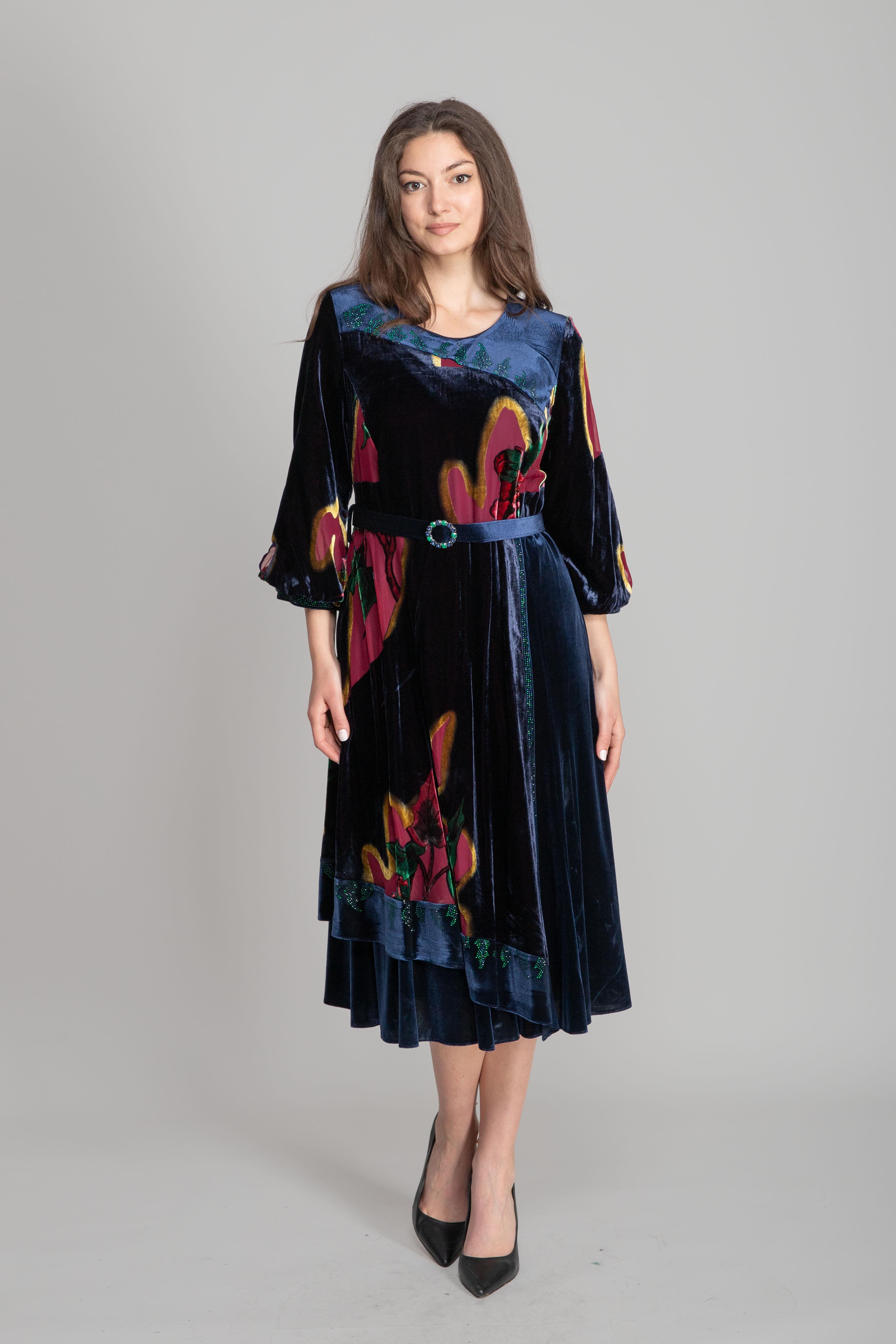 Lacivert Zarif Nostaljik Fit & Flare Elbise
