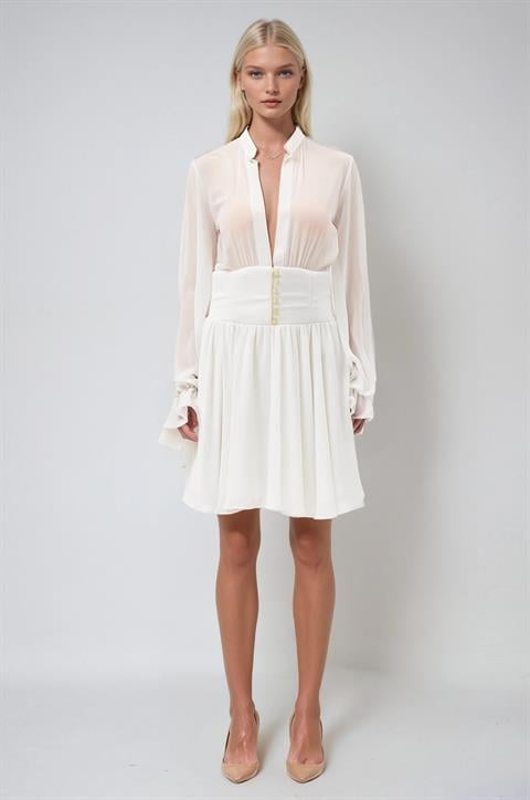 Beyaz Zarif Fit & Flare Mini Elbise