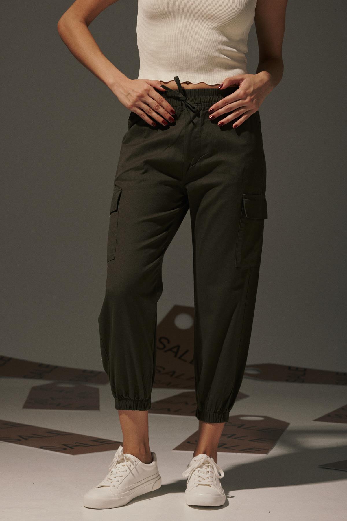 Gabardin Beli Lastik Kadın Pantalon - Haki